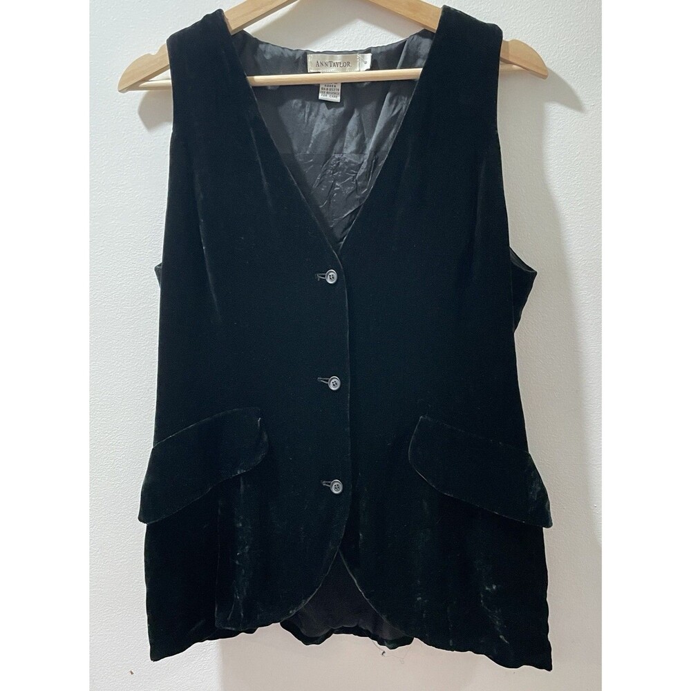 Vtg 90s Ann Taylor Black Velvet Vest Silk Blend V-Neck Waistcoat Size 6 - Picture 1 of 5